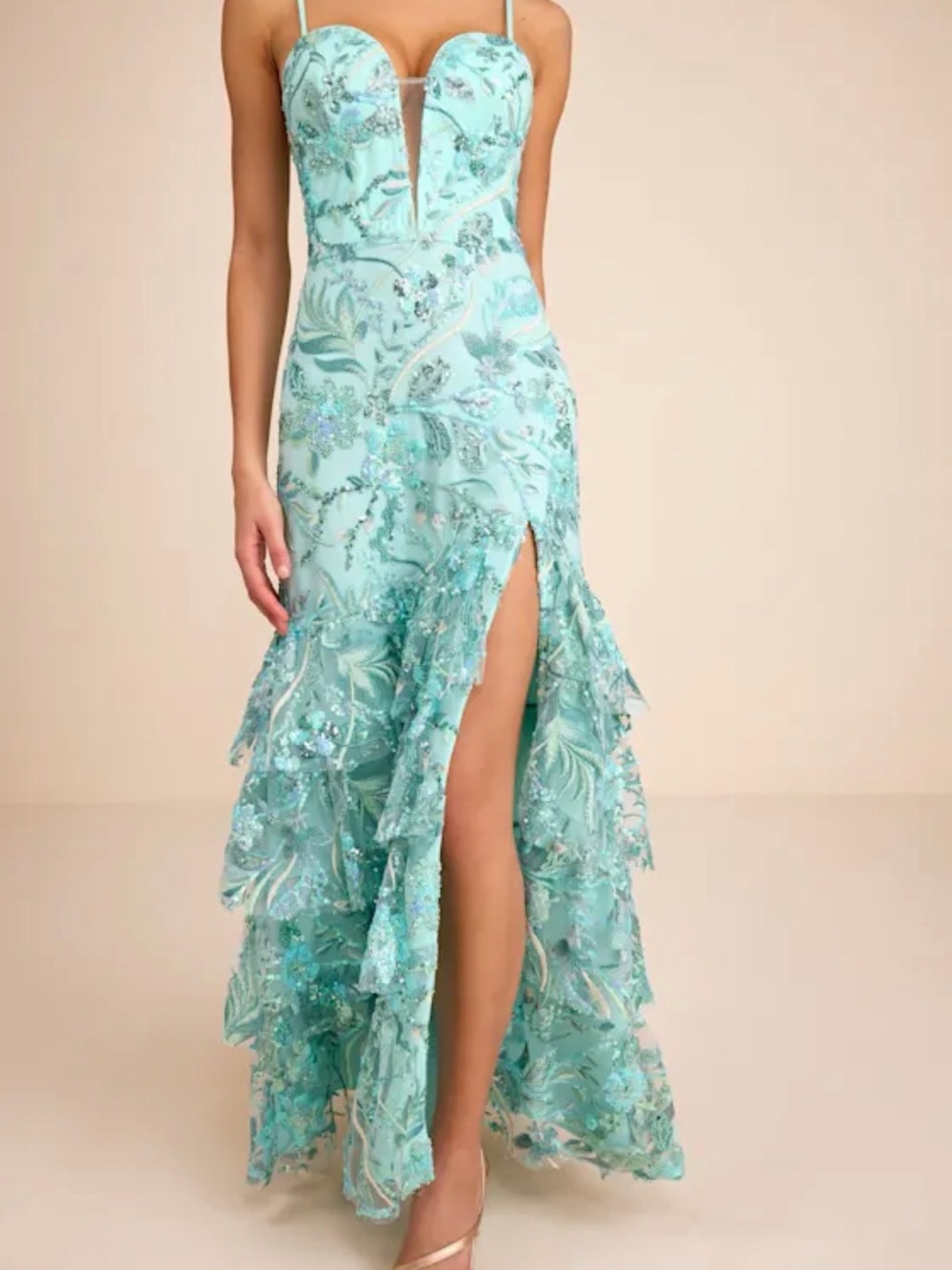 Lulus Angele Mint Blue Sequin Embroidered Tiered Maxi Dress - Size L - Picture 5 of 5